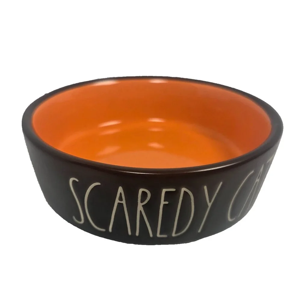 Rae Dunn SCAREDY CAT Black Orange Halloween Cat Pet Bowl Dish 5